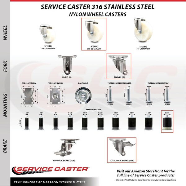 Service Caster 4 Inch 316SS Nylon Wheel Swivel 1-7/8 Inch Expanding Stem Caster Lock Brake SCC SCC-SS316TTLEX20S414-NYS-178 - main